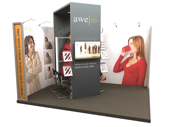 Two wall with meeting pod exhibition stand idea