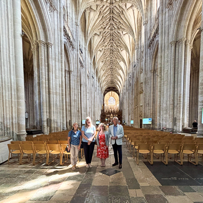 Nicky and Jen at Winchester Cathedral to review design and print of the annual friends report